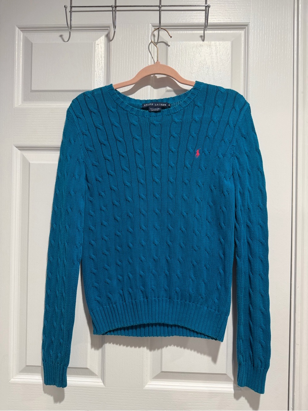 Ralph Lauren Teal Cable-Knit Crew Sweater with Pink Pony